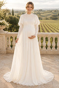 Ivory Maternity High Neck Cape Sleeve Chiffon A-Line Wedding Dress with Sheer Back front view