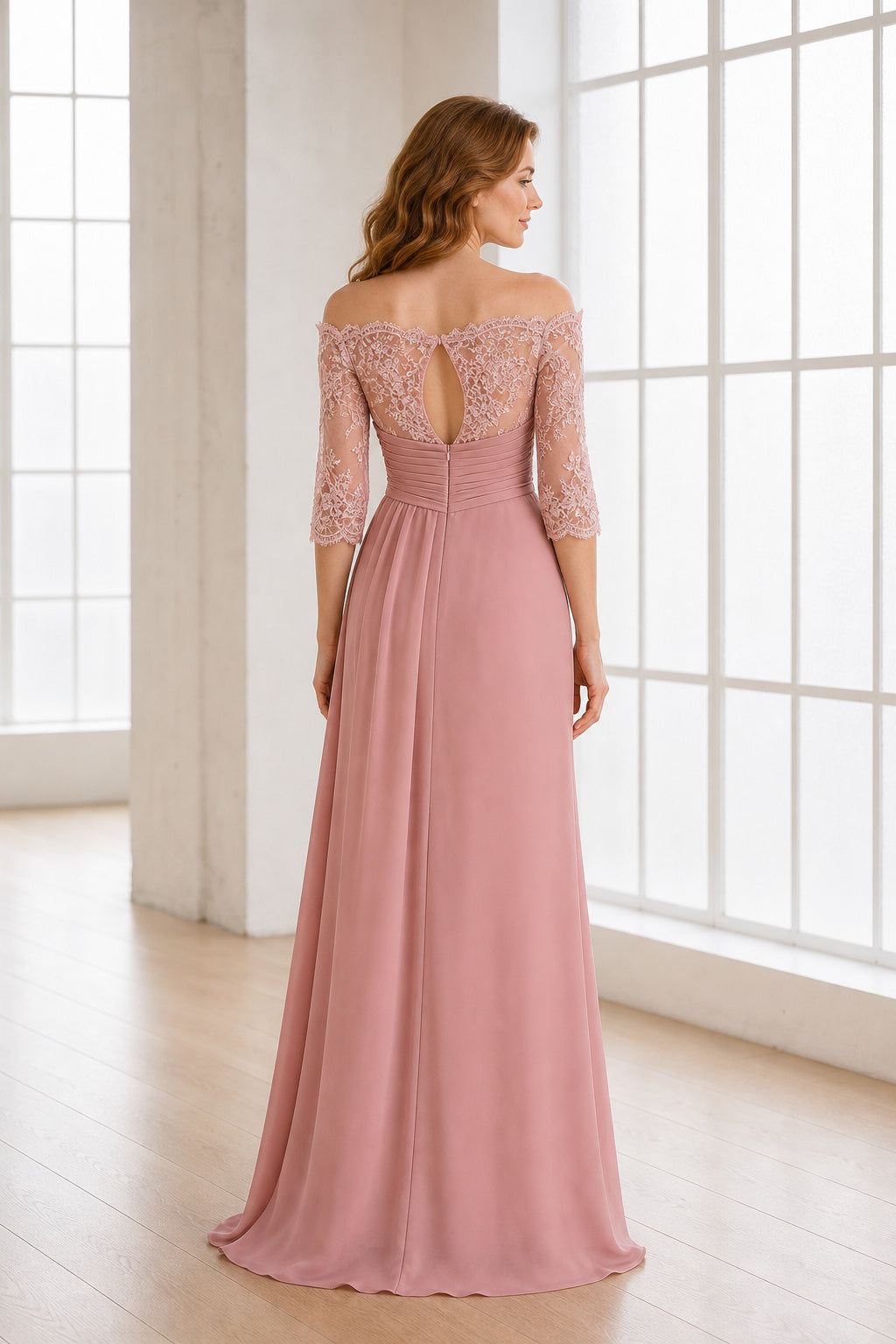 Blush Bateau Three-Quarter Sleeve Sheath Chiffon Floor-Length Dress With Keyhole Back