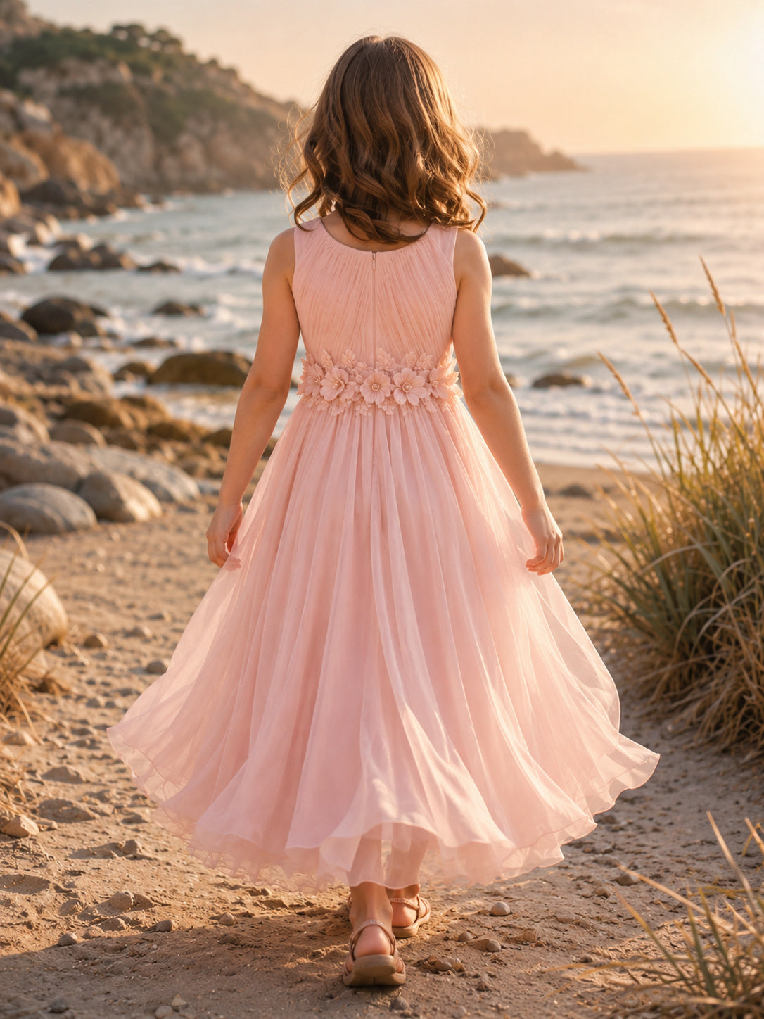 Flower Girl Dress Pearl Pink Tulle A-Line Jewel Neck Tea Length back view