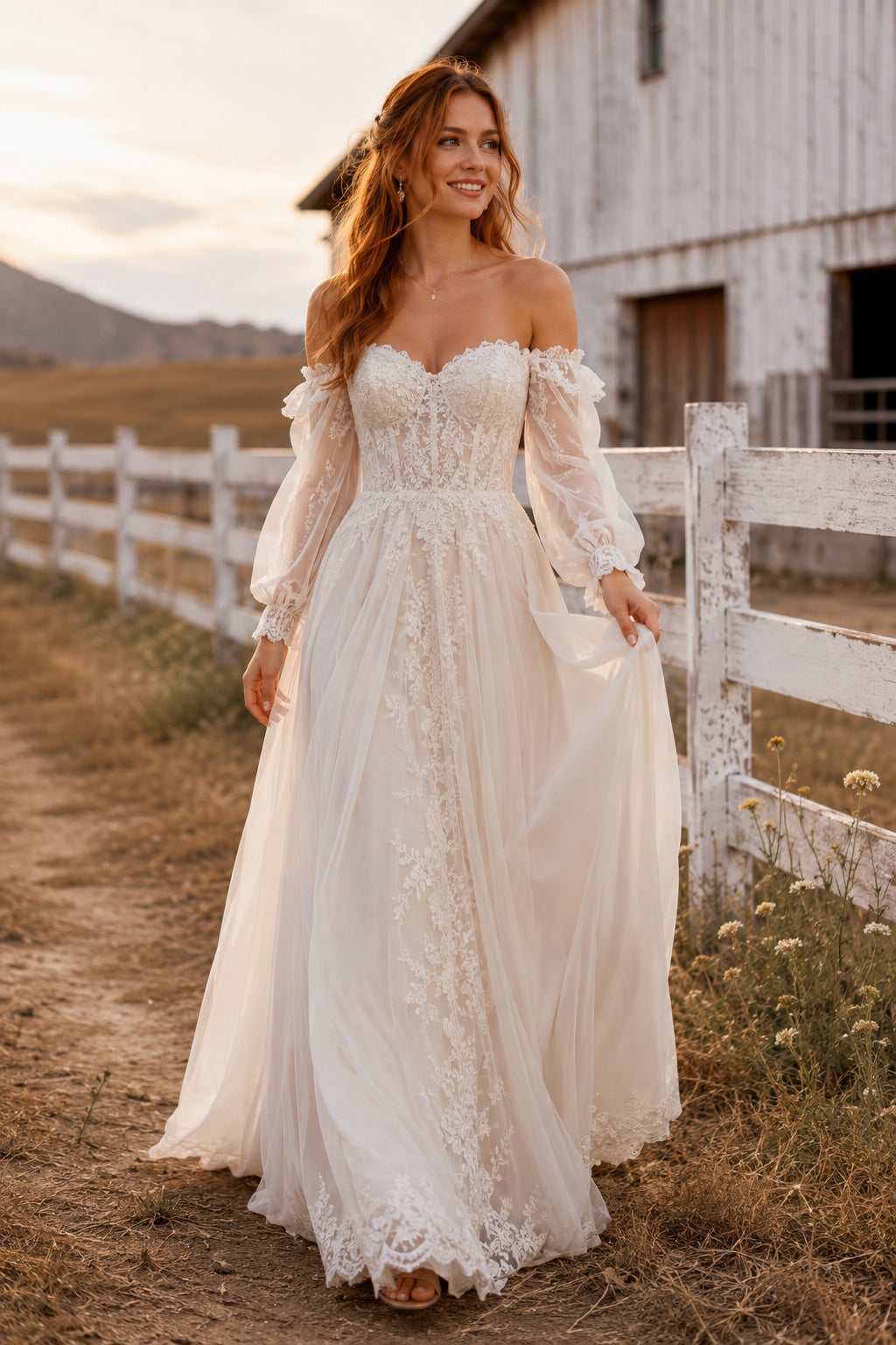 Ivory Off-the-Shoulder Long Sleeve Lace A-Line Wedding Dress with Tulle Train front view