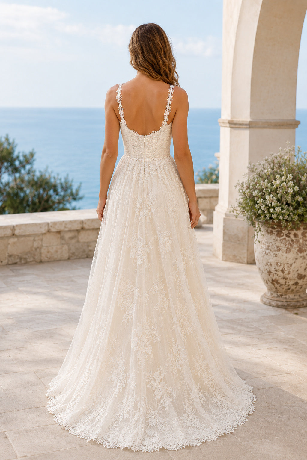 Scoop Neck Strap A-Line Wedding Dress with Lace Bodice and Soft Tulle Sweep Train back view