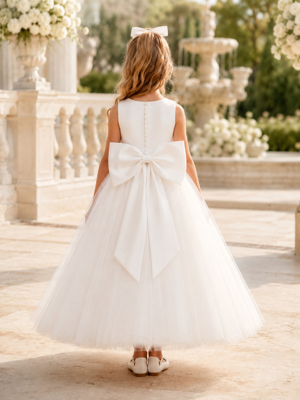 Flower Girl Dress Ivory Tulle A-Line Scoop Neck Tea Length Bow Detail back view