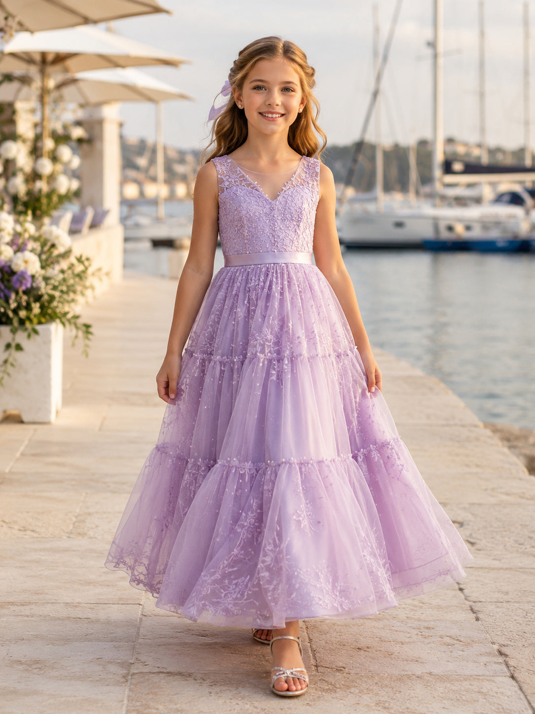 Romantic A-Line Flower Girl Dress with Square Neck Tiered Lavender Tulle Full Length Reception front view