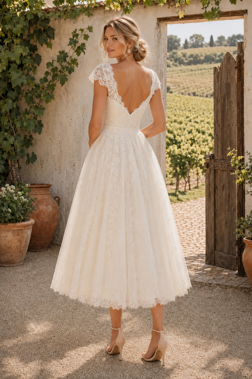 Ivory Cap Sleeve V-Neck Applique Tea Length Wedding Dress for Wedding Reception and Party Style MG_701005 back view