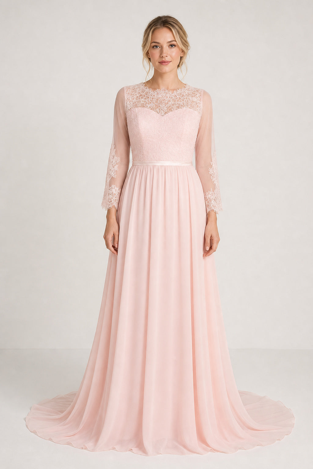 Blush Bateau Long Sleeves A-Line Chiffon, Lace Floor-length Formal Dress With Lace Bodice