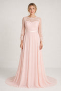 Blush Bateau Long Sleeves A-Line Chiffon, Lace Floor-length Formal Dress With Lace Bodice