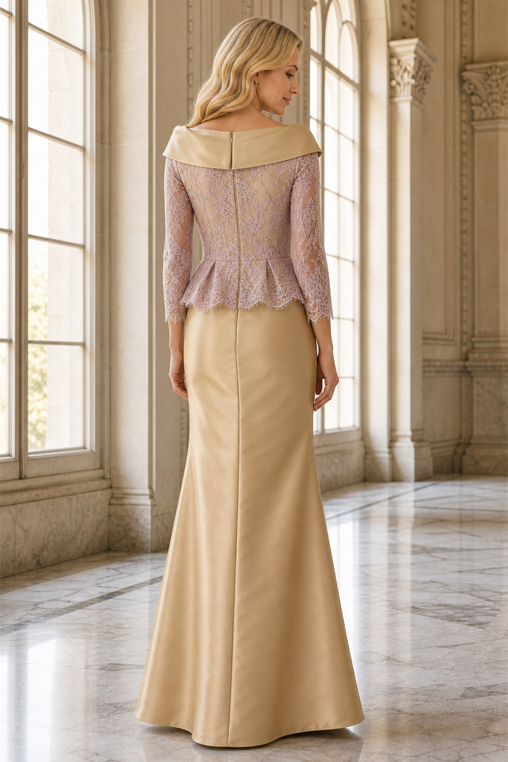 Champagne Off-the-Shoulder Two-Piece Satin Floor-Length Dress With Lace Peplum