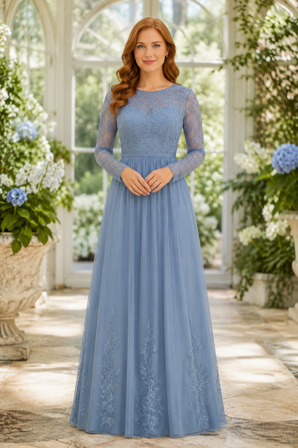 Steel Blue Long Sleeve Lace Mother Dress with Floor Length Skirt Floor Length A-Line Mother Dress front view