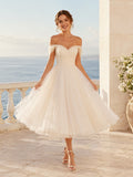 Vintage Tulle Wedding Dress A-Line Off Shoulder Tea Length Bridal Gown front view