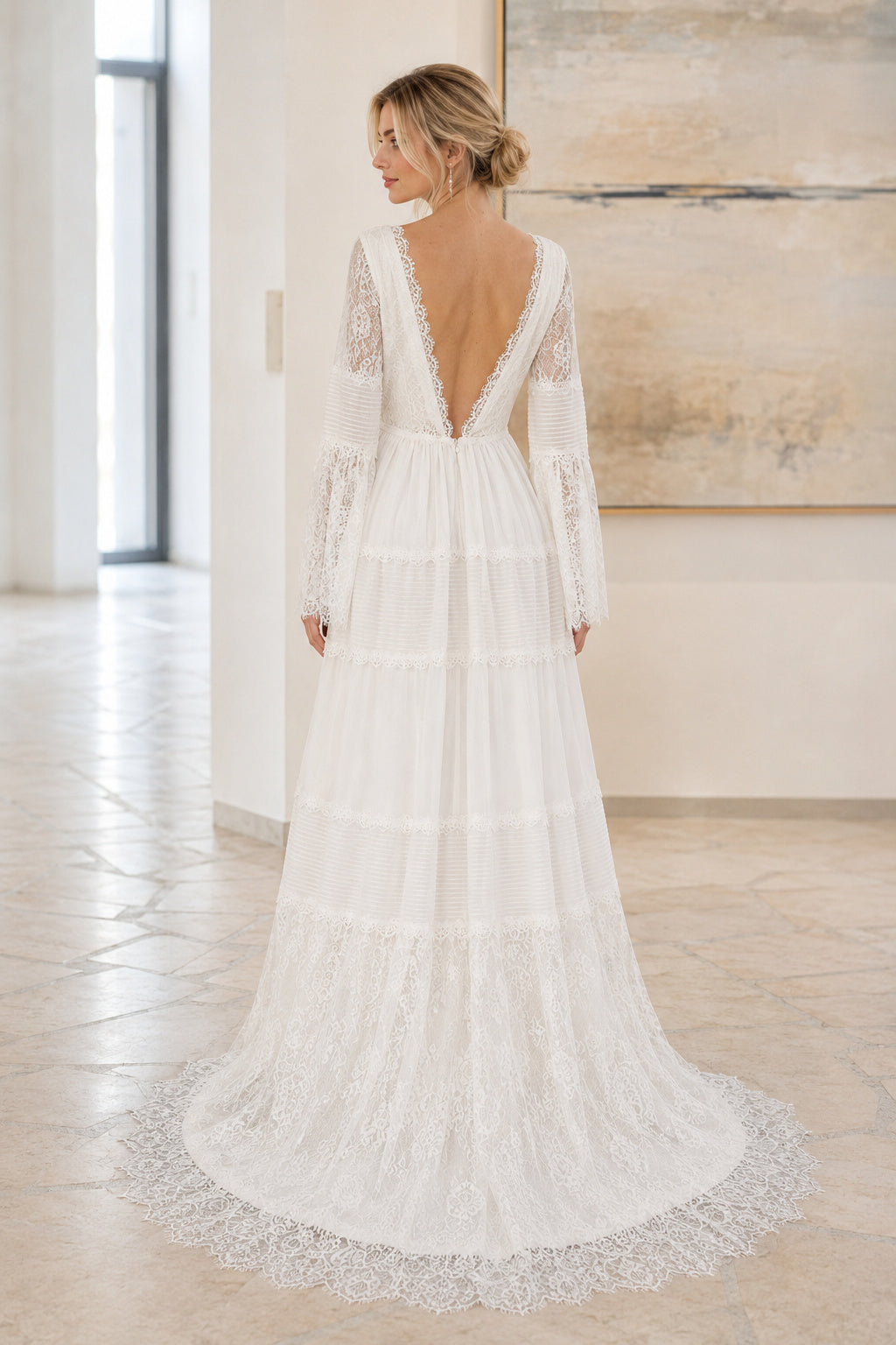 White Sweetheart A-Line Crepe Floor-length Wedding Dress With Sweep Train and Open Back and Open Back Lace Hem Detail