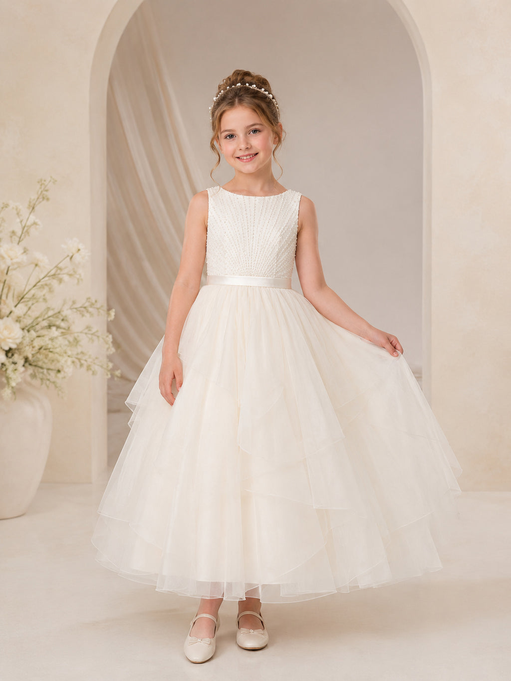 Flower Girl Dress White Satin Tulle A-Line Sleeveless Jewel Neck Tea Length Sash Detail front view