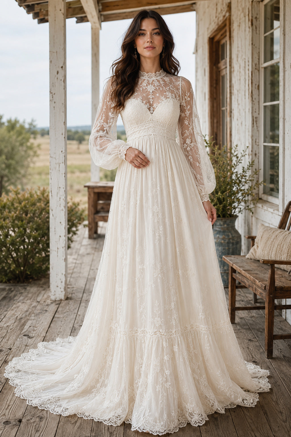 Ivory High Neck Long Sleeve Lace A-Line Wedding Dress with Chiffon Skirt and Sweep Train front view