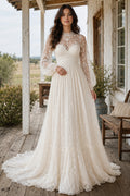 Ivory High Neck Long Sleeve Lace A-Line Wedding Dress with Chiffon Skirt and Sweep Train front view