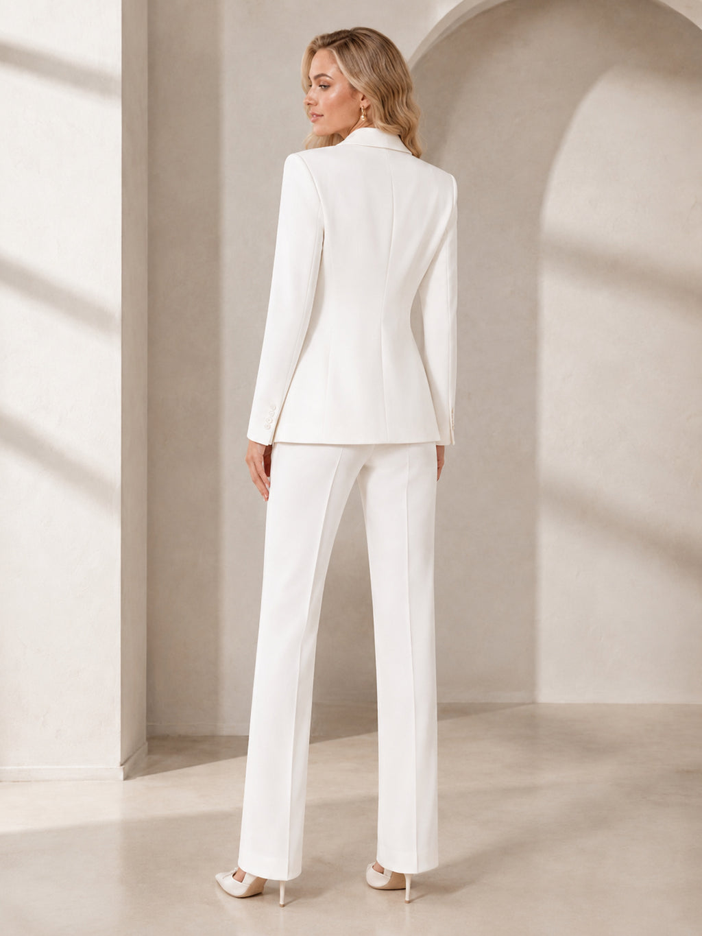 Tailored Bridal Pantsuit Two Piece Long Sleeve Blazer Straight Leg Modern back view
