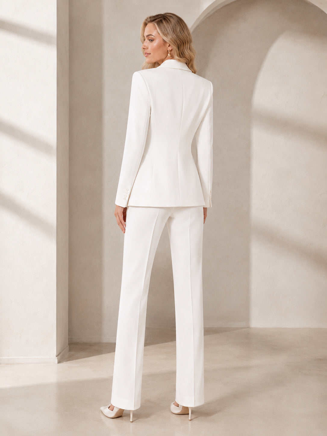 Tailored Bridal Pantsuit Two Piece Long Sleeve Blazer Straight Leg Modern back view