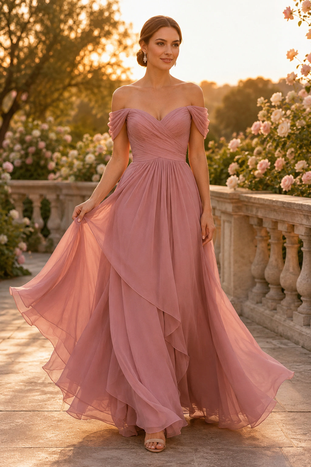 Dusty Rose off the shoulder chiffon A line dress with wrap bodice and layered skirt Floor-length A-Line Bridesmaid Dress fron