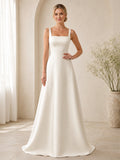 Simple Square Neck Sleeveless Satin A-Line Court Train Minimalist Wedding Dress front view