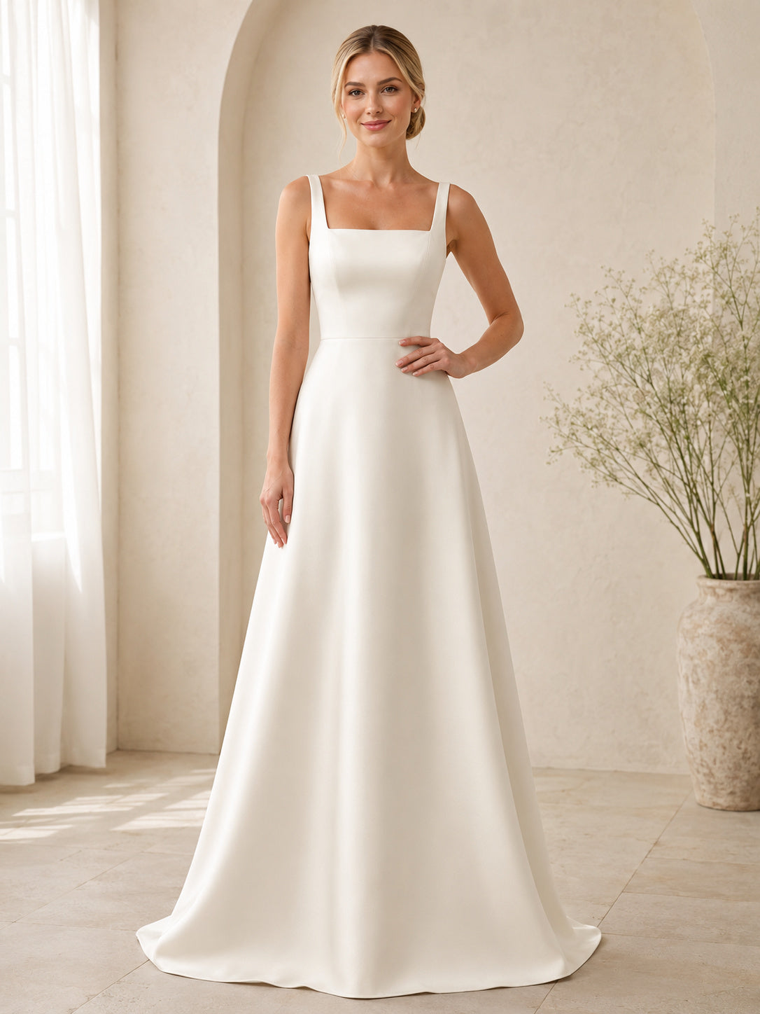 Simple Square Neck Sleeveless Satin A-Line Court Train Minimalist Wedding Dress front view