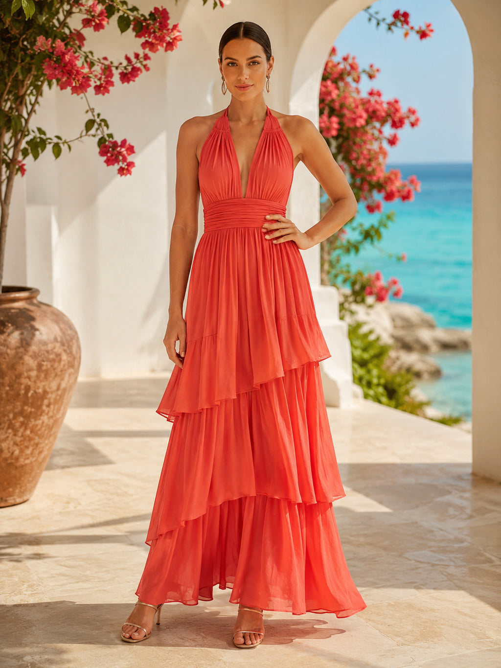 Coral halter tiered chiffon resort vacation maxi dress front view