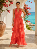 Coral halter tiered chiffon resort vacation maxi dress front view