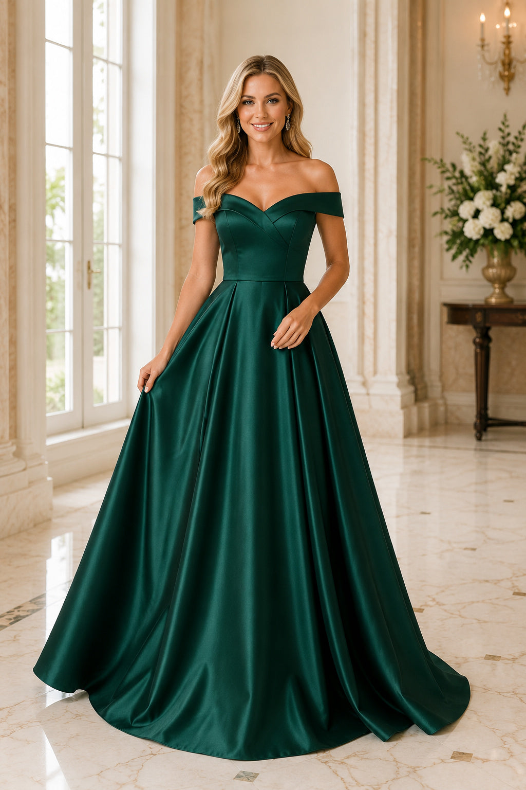 Dark Green Off-the-Shoulder Satin Ball Gown Formal Dress with Full Floor Length Skirt front view