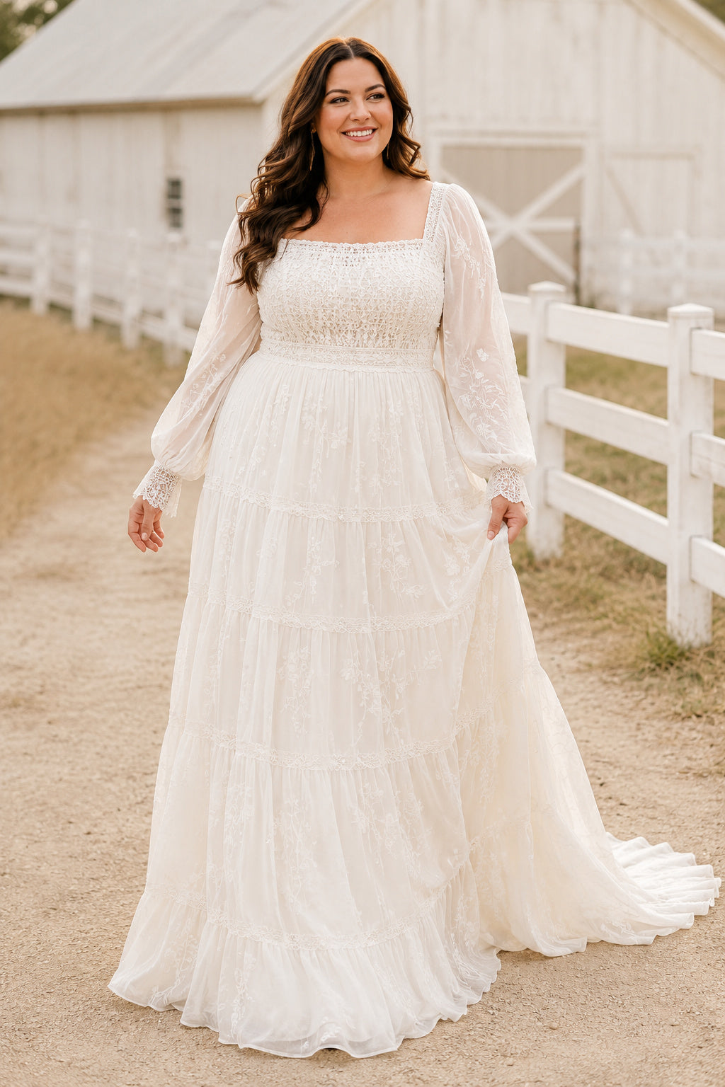 Plus Size Square Neck Long Sleeve Lace A-Line Wedding Dress with Train front view