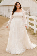 Plus Size Square Neck Long Sleeve Lace A-Line Wedding Dress with Train front view