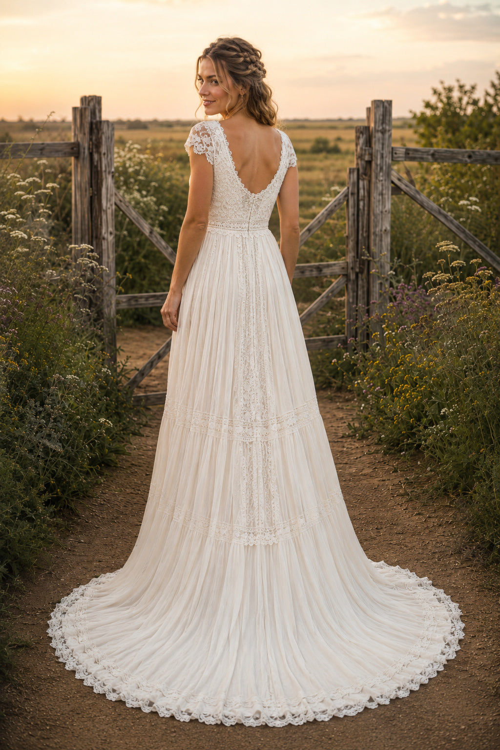 Ivory Scoop Neck Cap Sleeve Lace A-Line Wedding Dress with Soft Skirt and Train back view