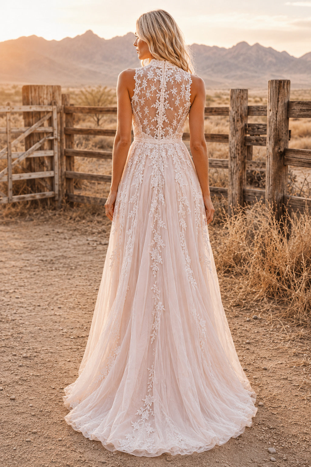 Blushing Pink Sleeveless High Neck Lace A-Line Wedding Dress with Illusion Back back view