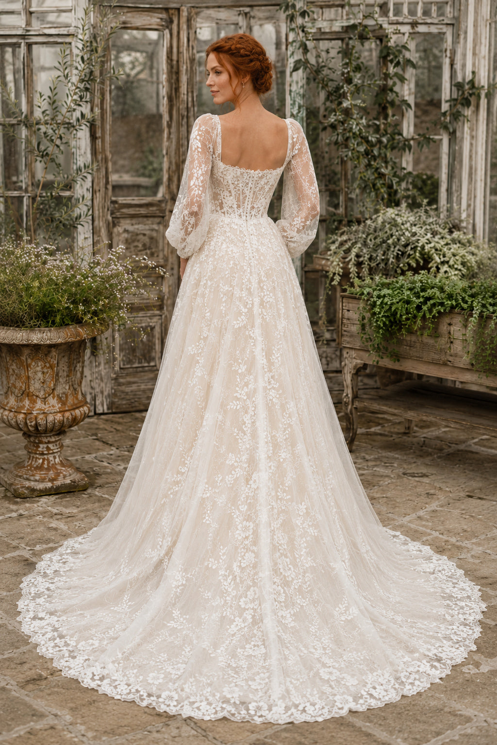 Ivory Square Neck Puff Sleeve Lace A-Line Wedding Dress with Sweep Train Style MG_700409 back view