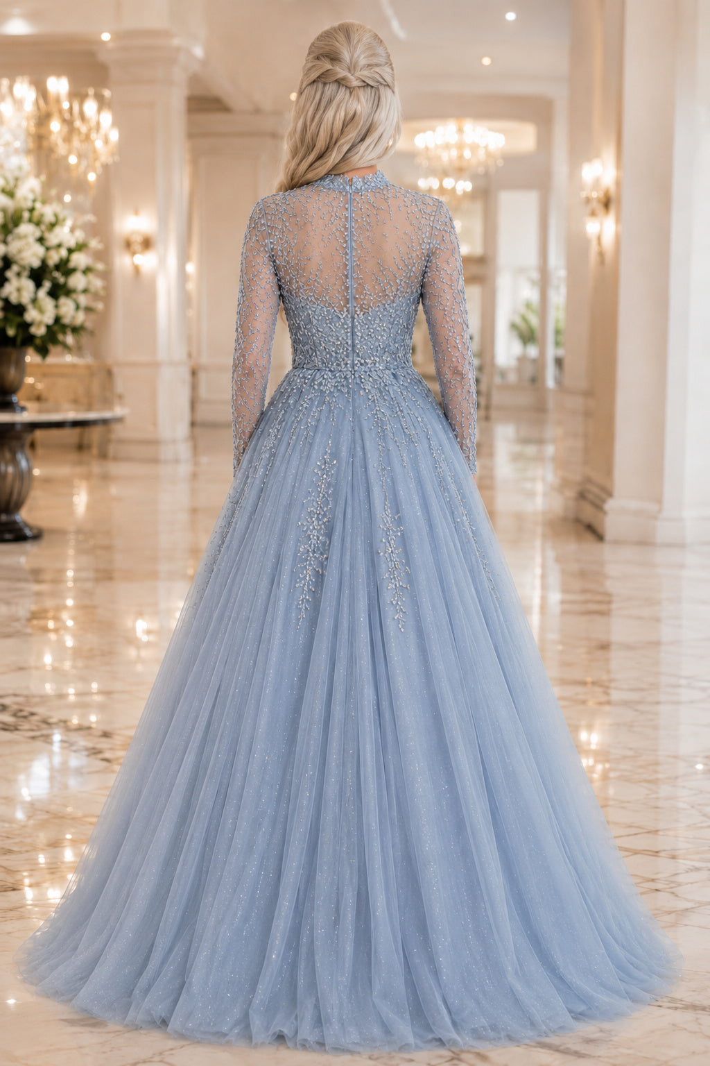 Steel Blue High Neck Long Sleeve Lace Ball Gown with Full Tulle Skirt Floor Length Ball Gown Prom Dress back view