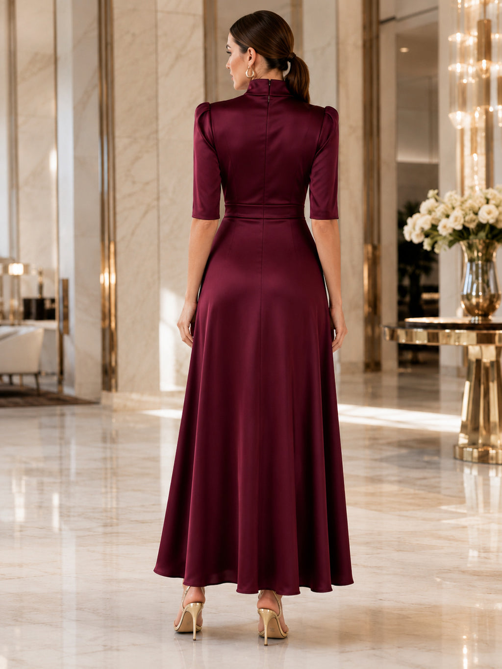 Burgundy High Neck Satin Tea Occasion Dress back view