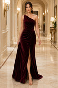 Burgundy One-Shoulder Velvet Mermaid Evening Dress with Side Split and Sweep Train front view