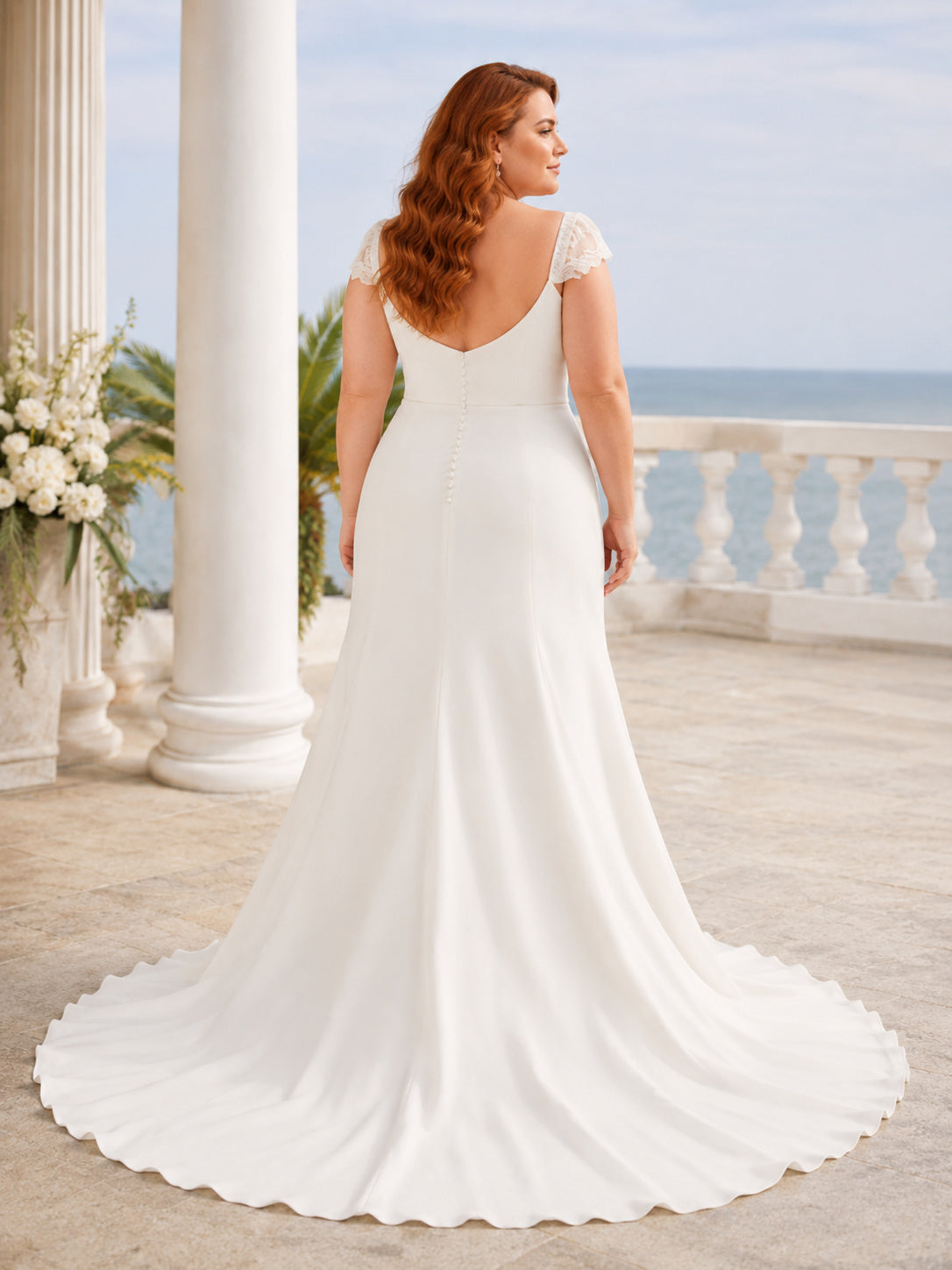 Minimalist Stretch Satin Wedding Dress Mermaid Sweetheart Cap Sleeve Sweep Train Bridal Gown back view