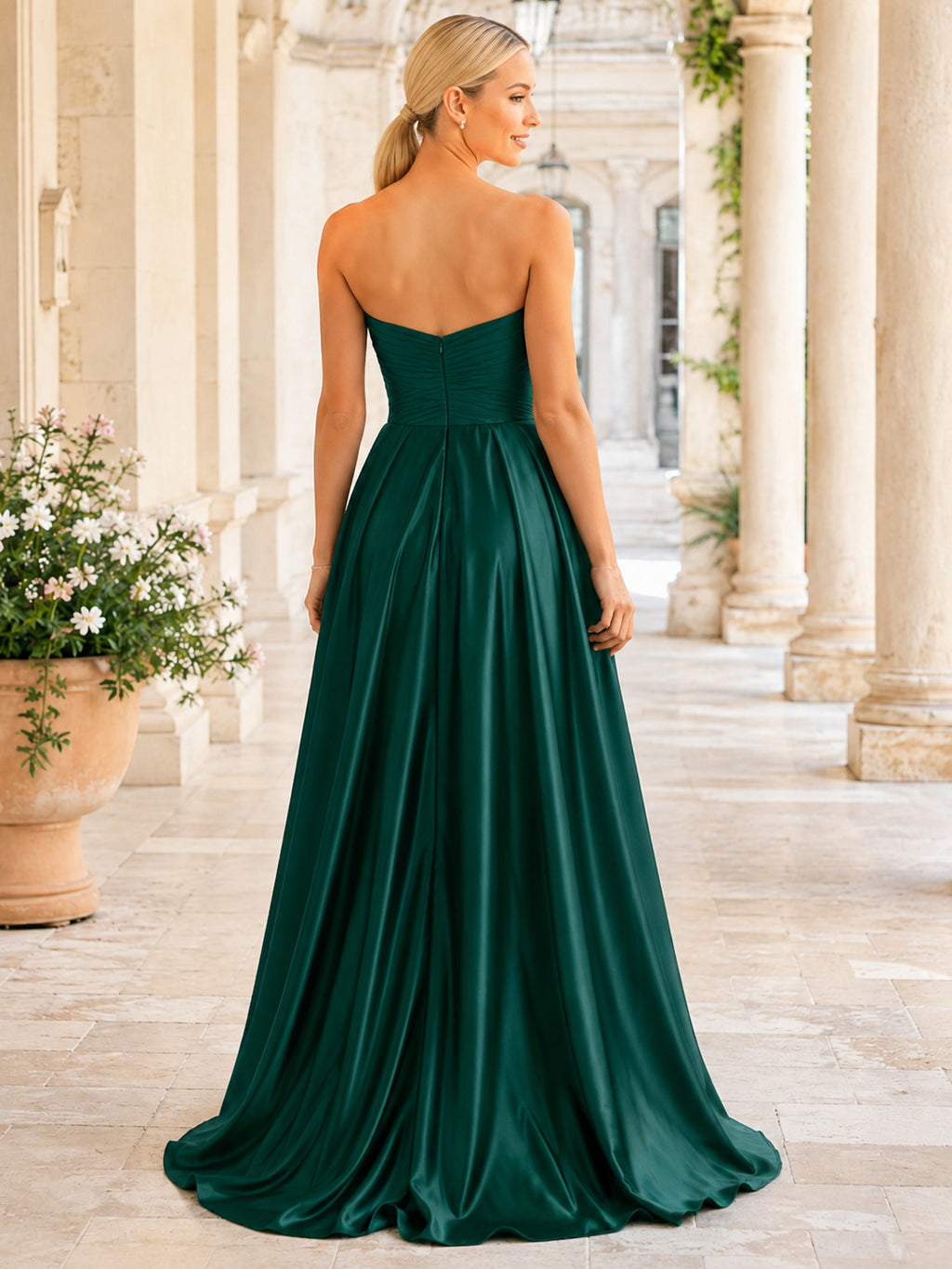 Dark Green Strapless Sweetheart Satin Ball Dress back view