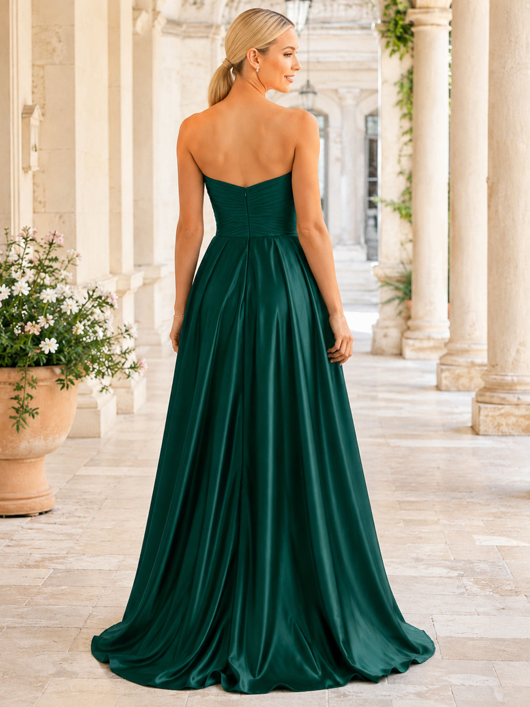 Dark Green Strapless Sweetheart Satin Ball Dress back view
