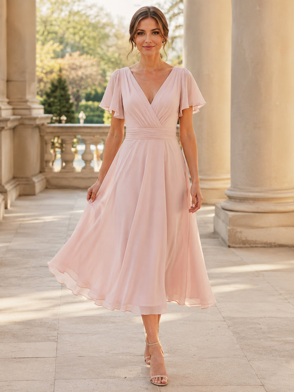 Blush V Neck Flutter Sleeve Tea Length A Line Guest Dress front view