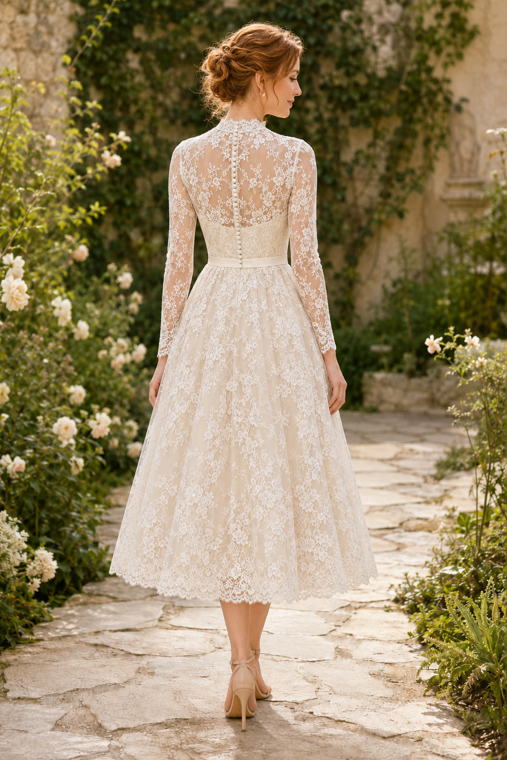 Ivory High Neck Long Sleeve Lace Tea-Length Wedding Dress with Long Lace Sleeves and Full Lace Skirt back view
