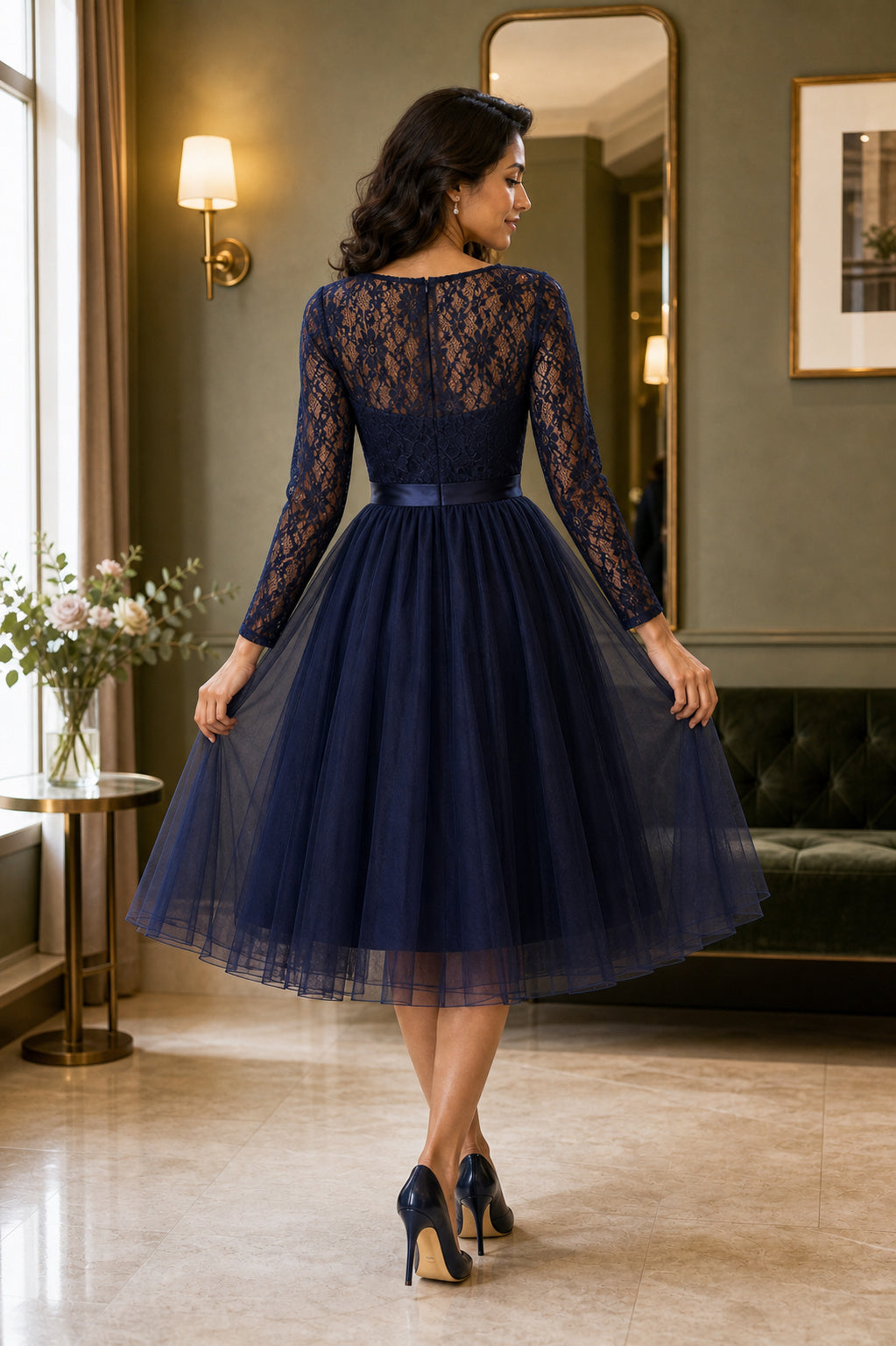 Navy Bateau Long Sleeve A-Line Tulle Tea-Length Dress With Lace Bodice