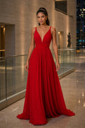 Red V-neck Sleeveless A-Line Chiffon Floor-Length Dress With Criss-Cross Back