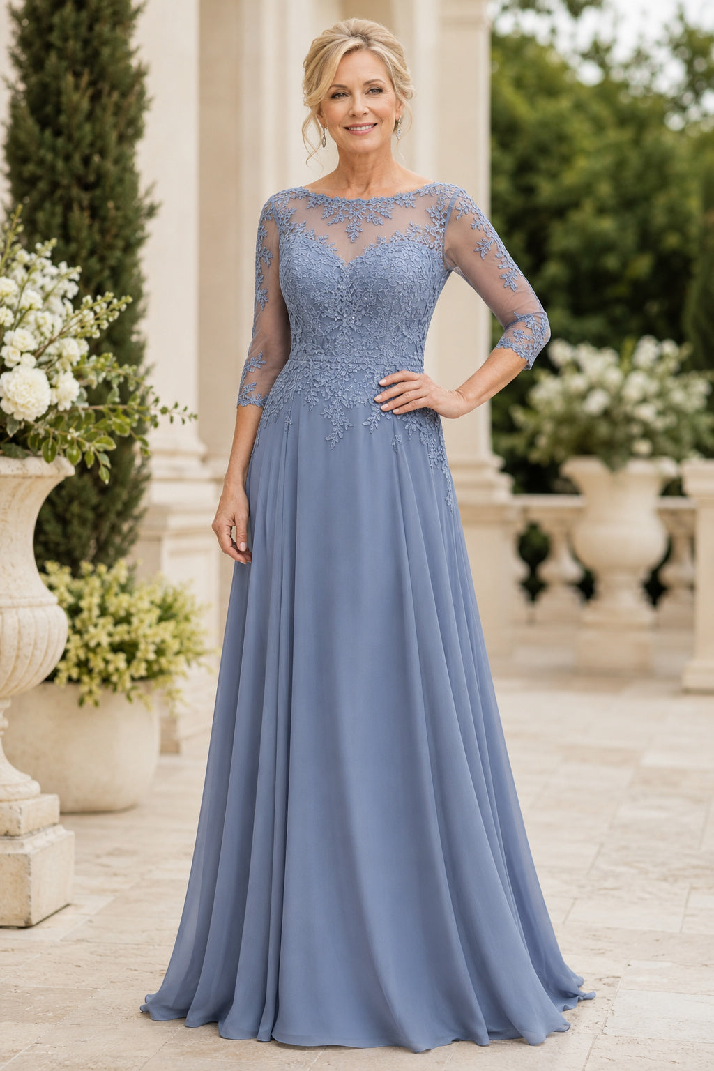 Steel Blue Bateau A-Line Mother Dress with Illusion Long Sleeves and Chiffon Skirt Style MG_300431 front view