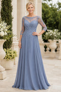 Steel Blue Bateau A-Line Mother Dress with Illusion Long Sleeves and Chiffon Skirt Style MG_300431 front view