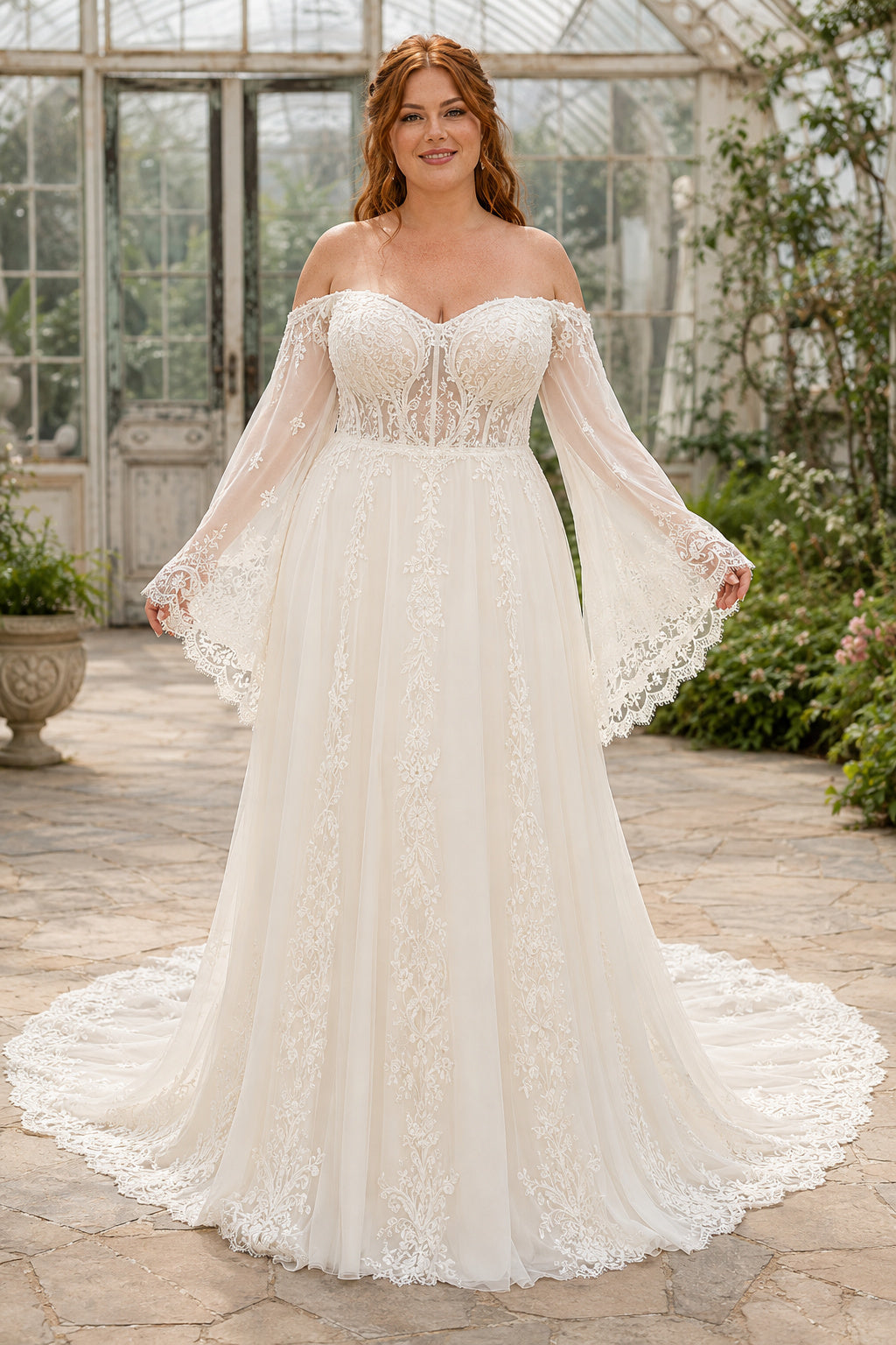 Plus Size Ivory Off Shoulder Lace Bell Sleeve Wedding Dress front view