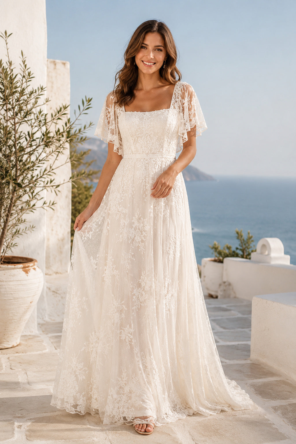 Square Neck Flutter Sleeve A-Line Wedding Dress with Lace Overlay and Soft Train front view