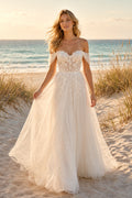 Ivory Off Shoulder Sweetheart Tulle Lace A-Line Wedding Dress Train for Bridal Ceremony and Reception front view