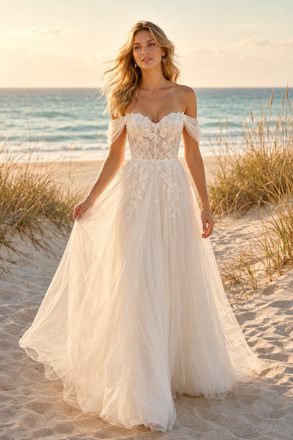 Ivory Off Shoulder Sweetheart Tulle Lace A-Line Wedding Dress Train for Bridal Ceremony and Reception front view