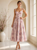Pink Floral Corset Bodice Spaghetti Strap Midi Dress front view
