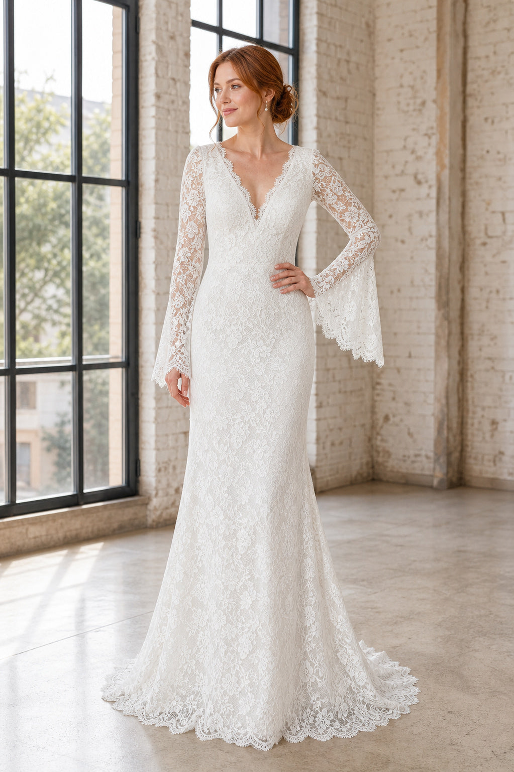 White Illusion Long Sleeves A-Line Satin Floor-length Wedding Dress With Sweep Train and Open Back