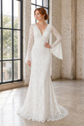 White Illusion Long Sleeves A-Line Satin Floor-length Wedding Dress With Sweep Train and Open Back