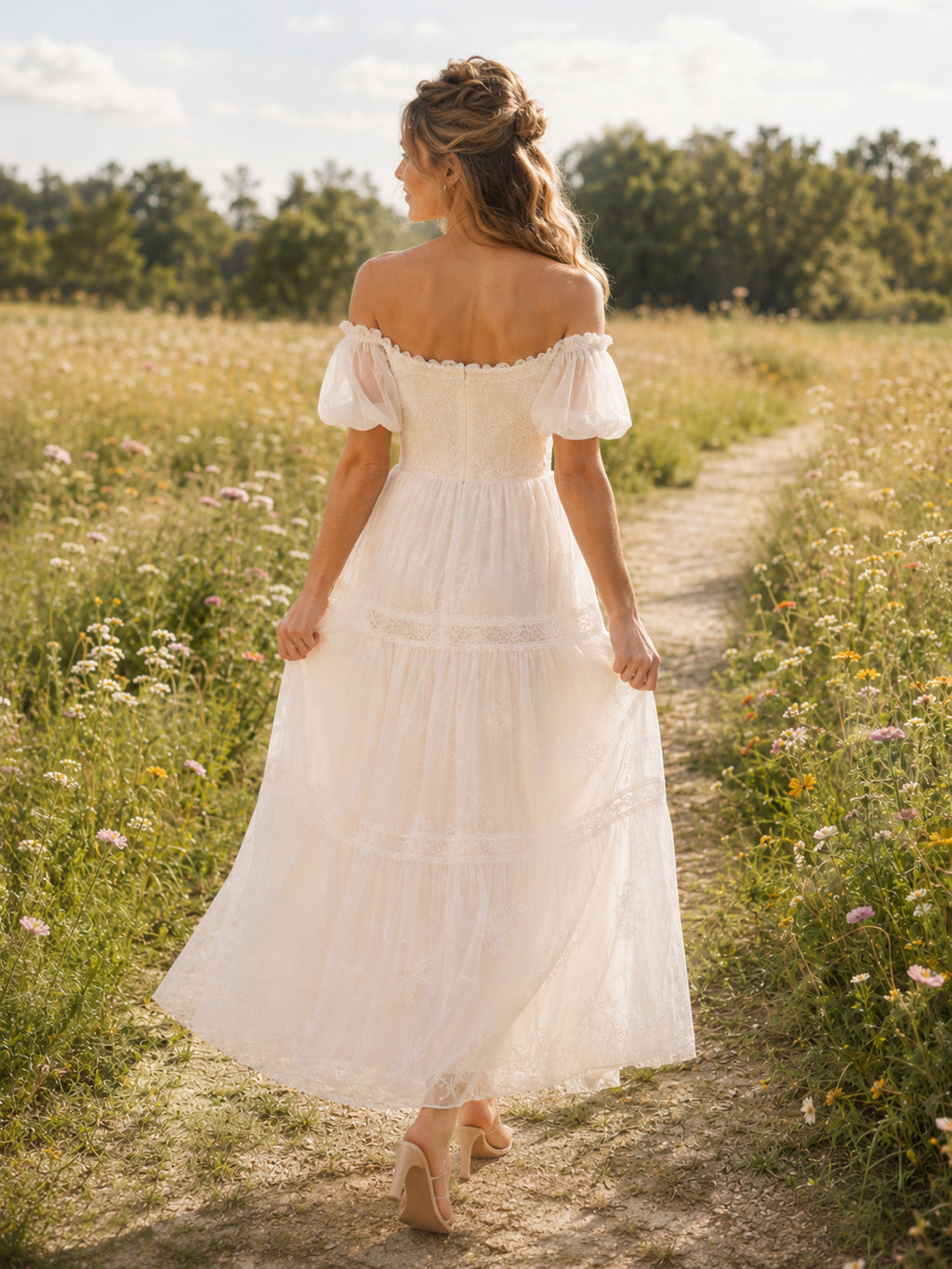 Boho Tulle Wedding Dress A-Line Off Shoulder Short Puff Sleeve Tea Length Bridal Dress back view